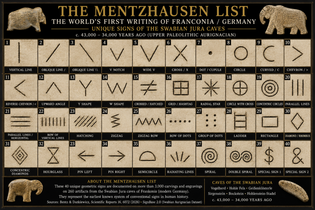 The Von Mentz Theorem – Is Writing Over 40,000 Years Old – The Proto-Runic Writing from the Germanic Swabian Jura By: Dr/Jur. George Mentz JD MBA CILS CWM ChE Von Mentz Mentzhausen Swabian Jura